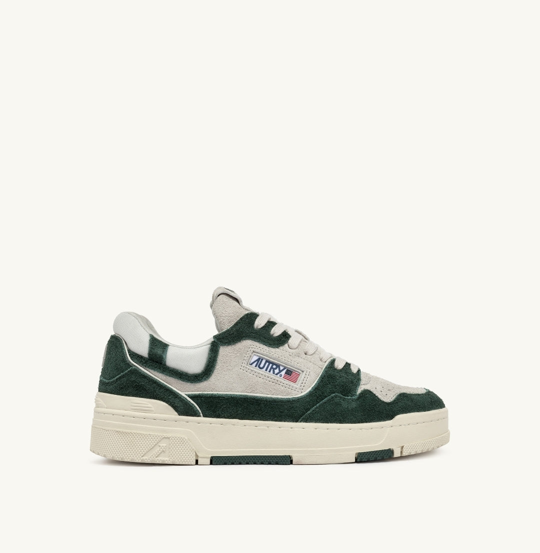 CLC LOW SNEAKERS IN WHITE AND BOTTLE GREEN LEATHER AND MESH