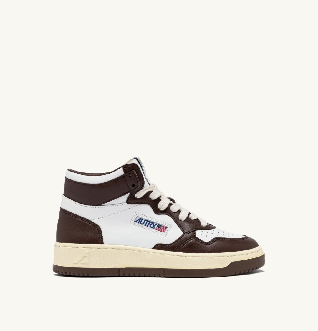 MEDALIST MID BICOLOR SNEAKERS IN WHITE AND CHESTNUT LEATHER
