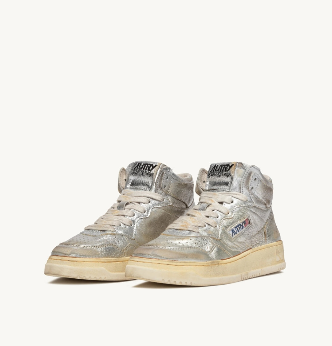 MEDALIST MID SUPER VINTAGE SNEAKERS IN METALLIC SILVER LEATHER